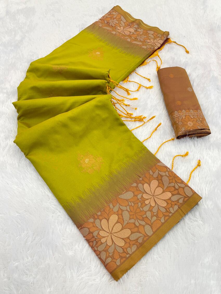 Redolent Mehndi Soft Banarasi Silk Saree With Delightful Blouse Piece
