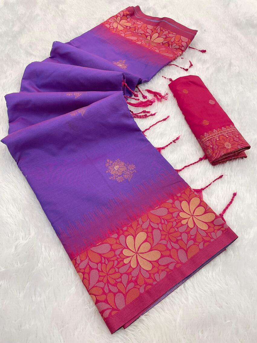 Mesmerising Purple Soft Banarasi Silk Saree With Conflate Blouse Piece