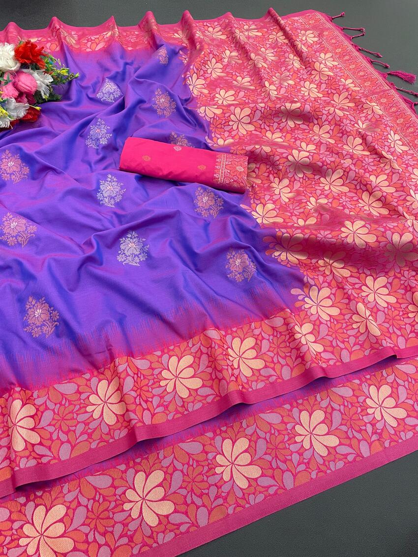 Mesmerising Purple Soft Banarasi Silk Saree With Conflate Blouse Piece