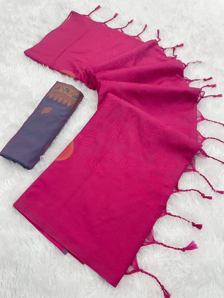 Flattering Dark Pink Soft Banarasi Silk Saree With Posh Blouse Piece