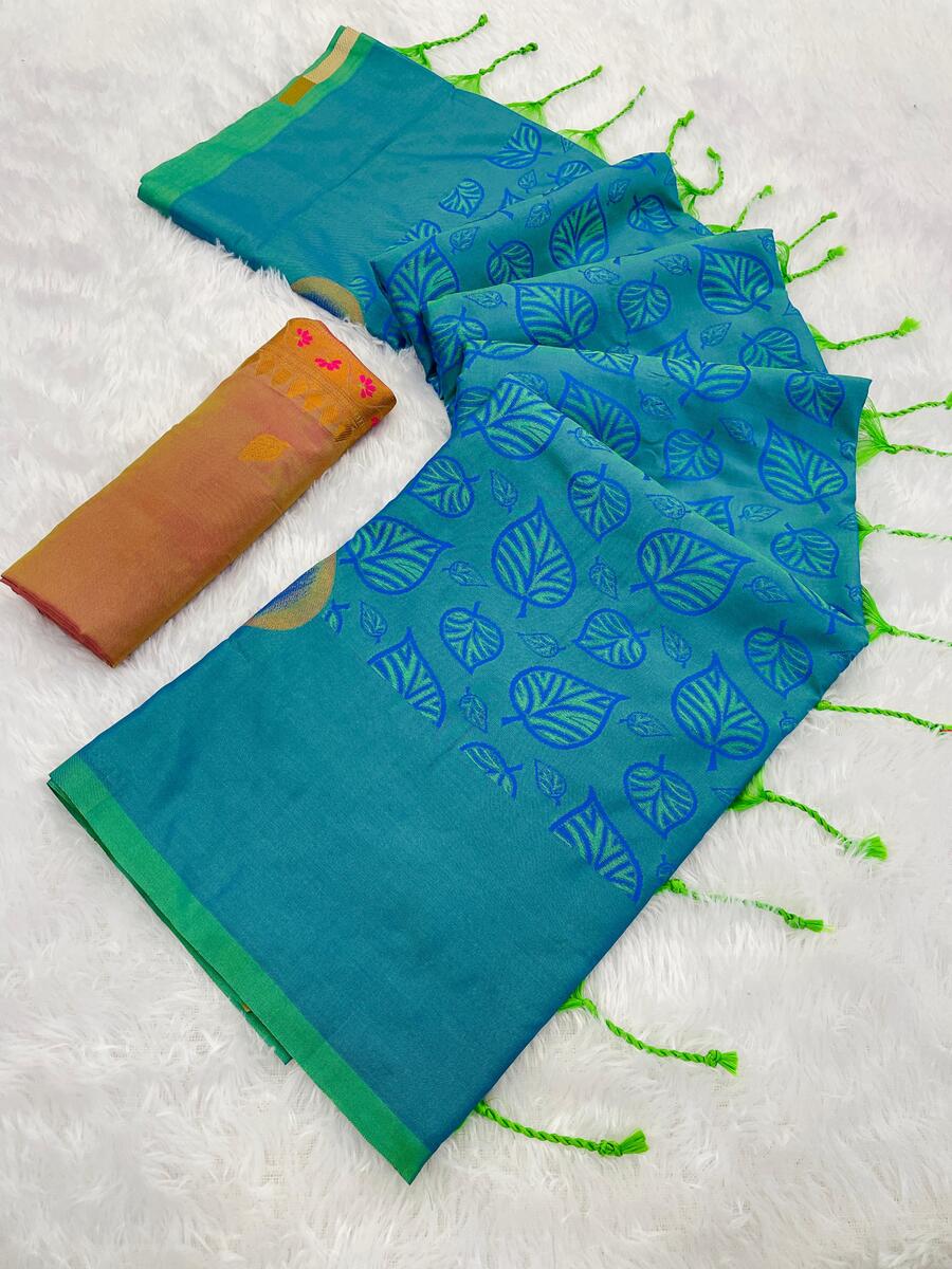 Elision Firozi Soft Banarasi Silk Saree With Smashing Blouse Piece
