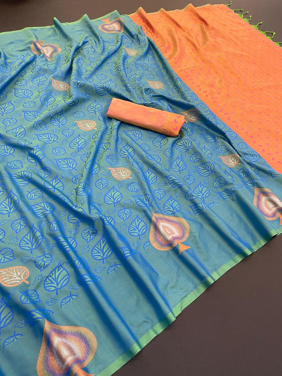 Elision Firozi Soft Banarasi Silk Saree With Smashing Blouse Piece