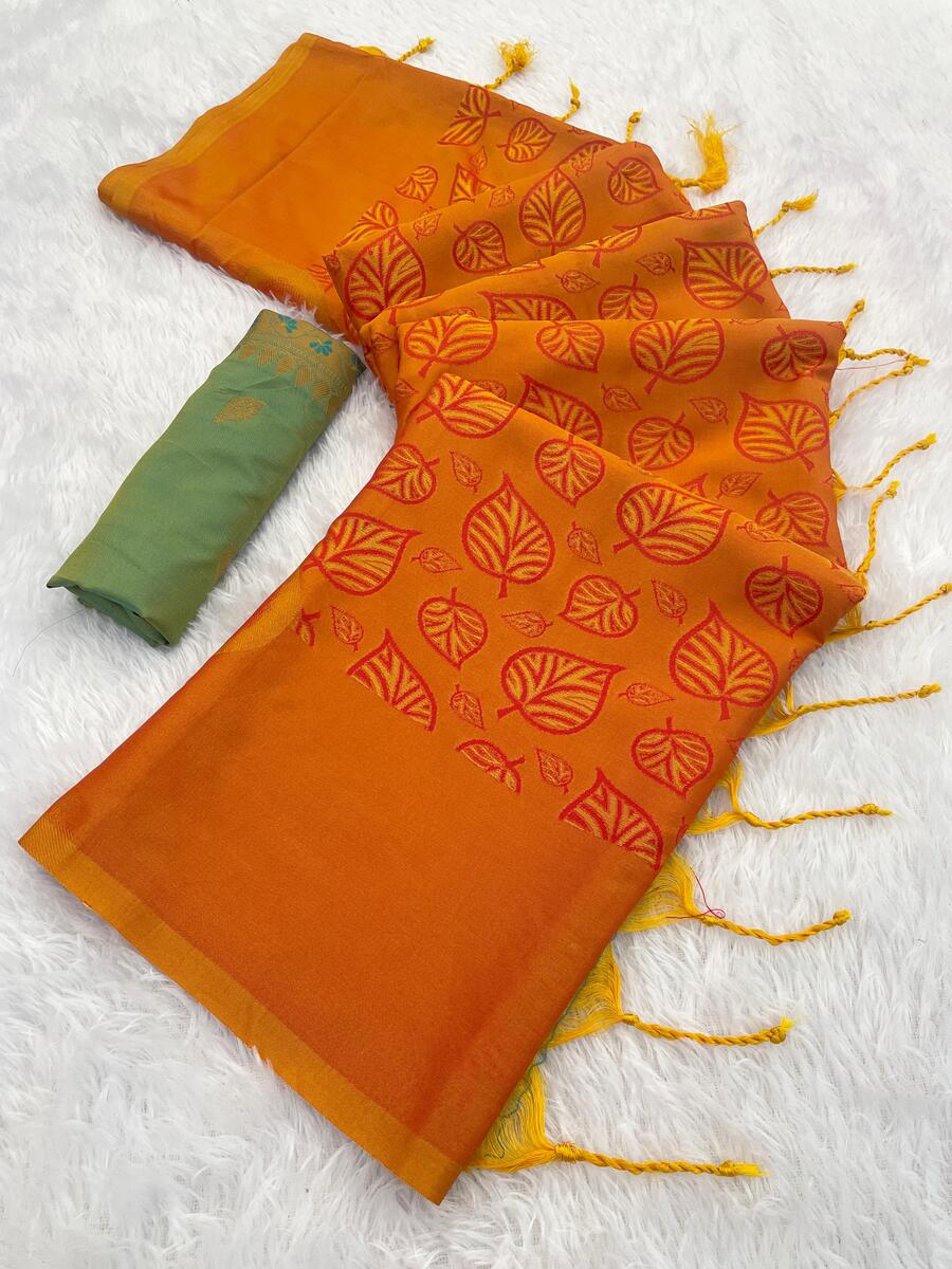 Engrossing Orange Soft Banarasi Silk Saree With Appealing Blouse Piece