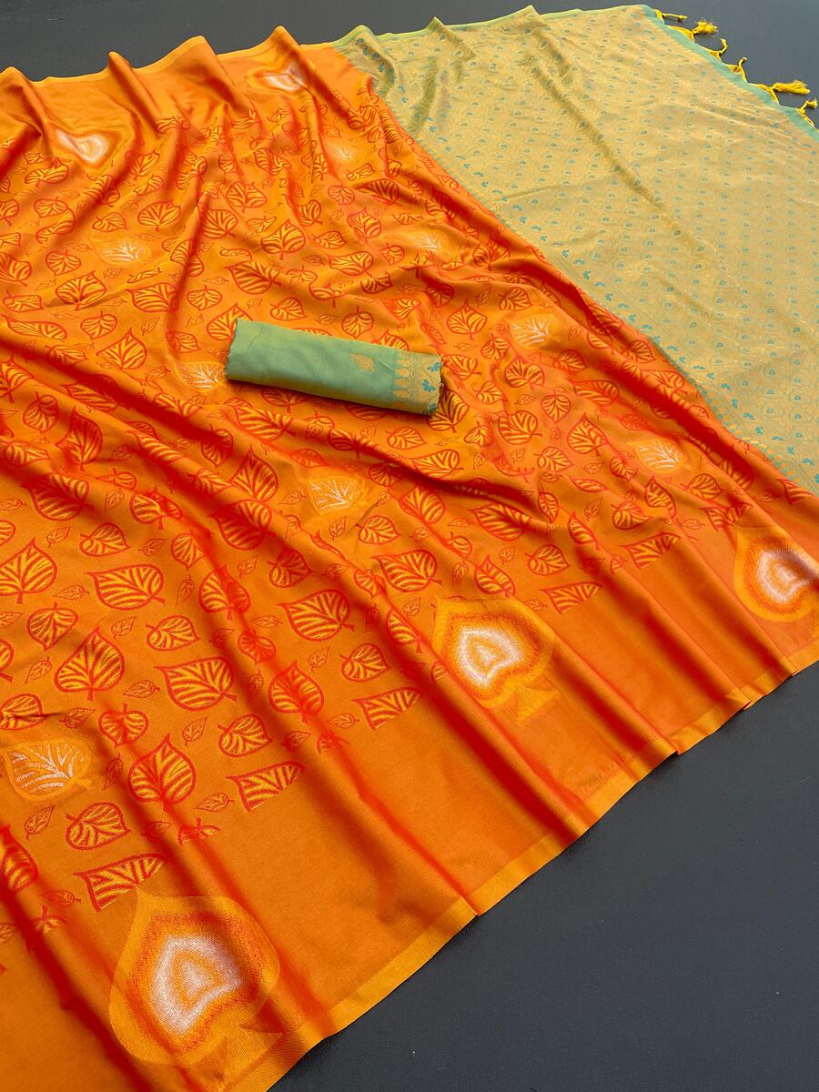 Engrossing Orange Soft Banarasi Silk Saree With Appealing Blouse Piece