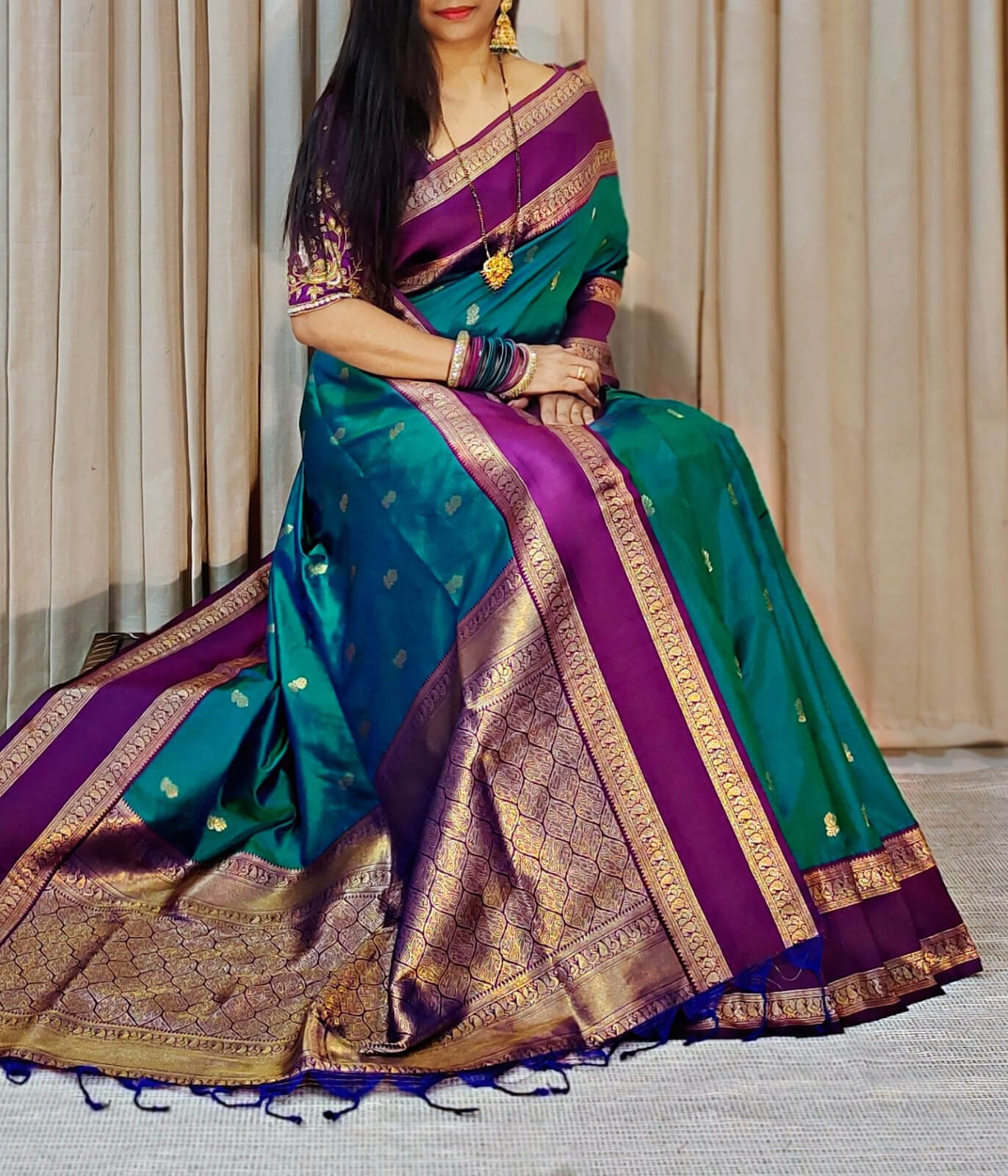 Symmetrical Rama Soft Banarasi Silk Saree With Captivating Blouse Piece