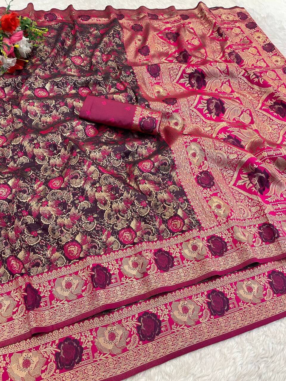 Enigmatic Wine Soft Banarasi Silk Saree With Exquisite Blouse Piece