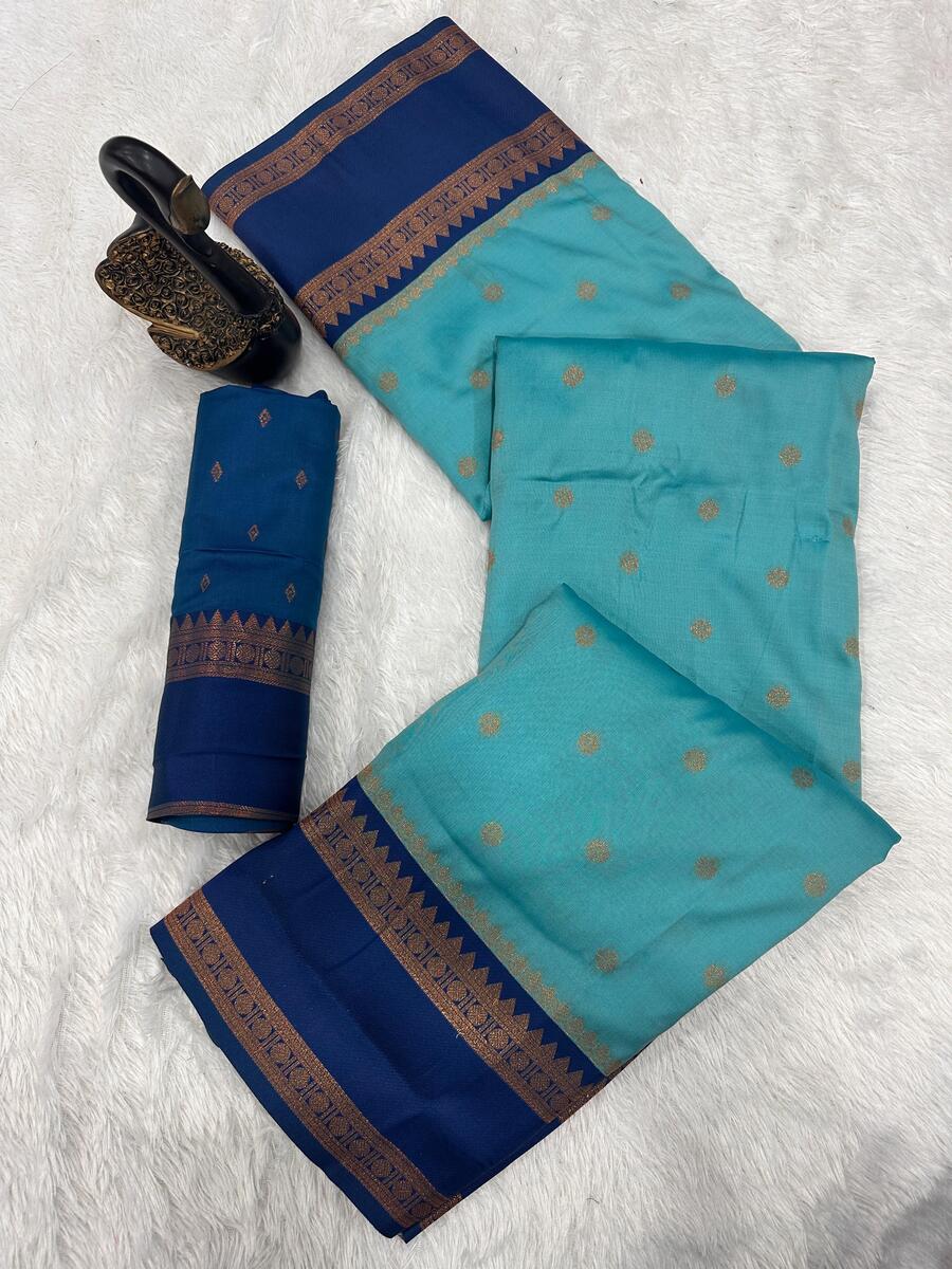 Deserving Firozi Soft Banarasi Silk Saree With Nebula Blouse Piece