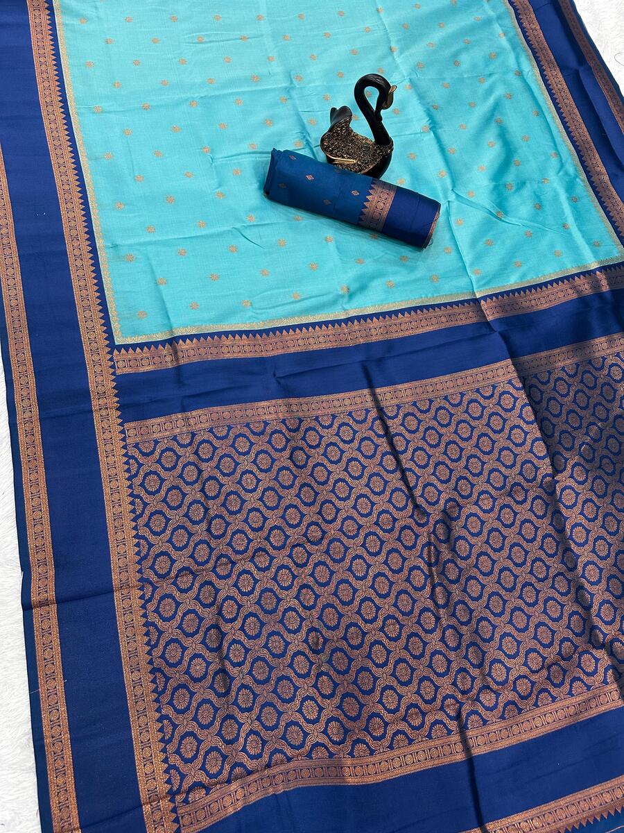 Deserving Firozi Soft Banarasi Silk Saree With Nebula Blouse Piece