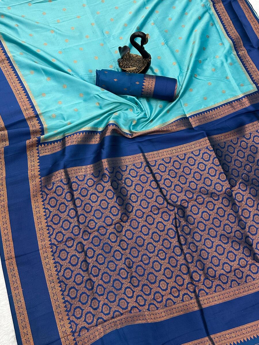 Deserving Firozi Soft Banarasi Silk Saree With Nebula Blouse Piece