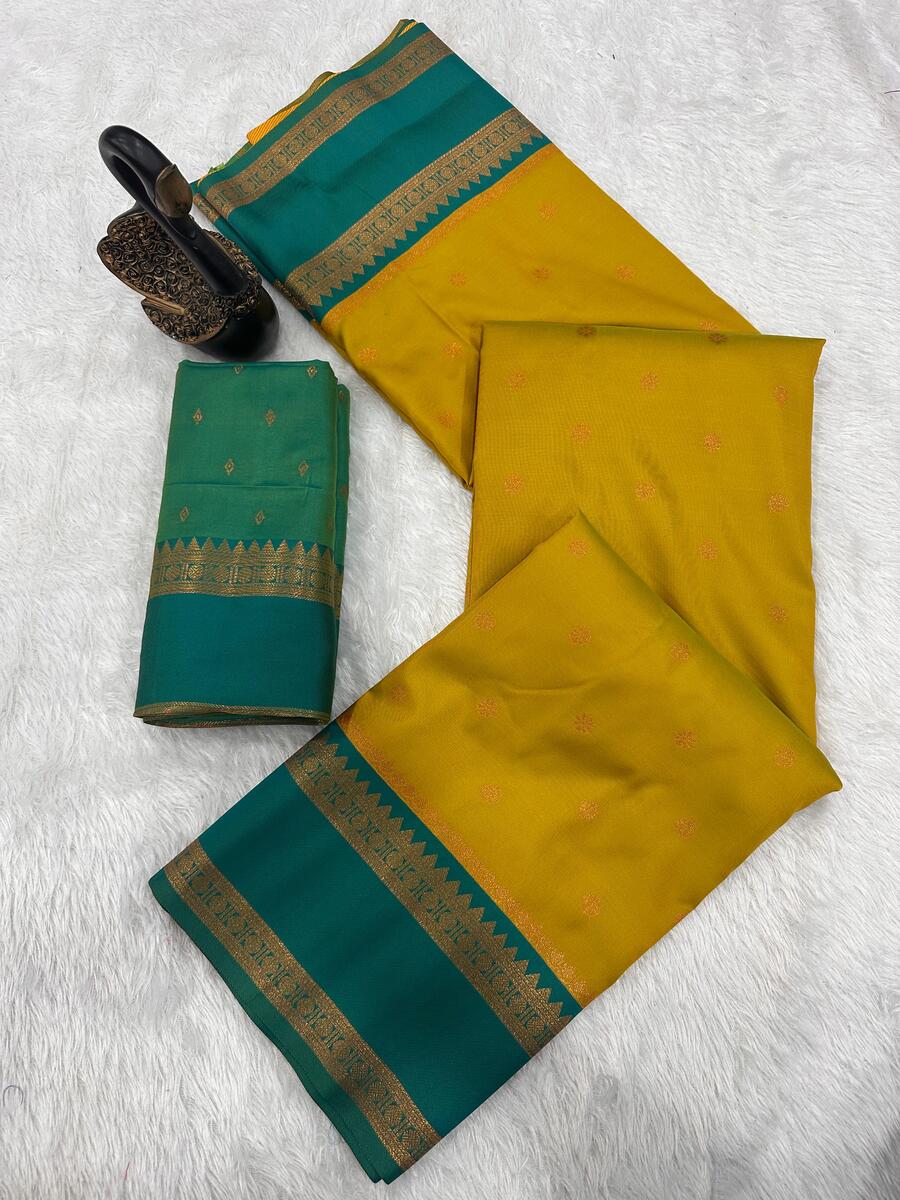 Prominent Mustard Soft Banarasi Silk Saree With Enthralling Blouse Piece