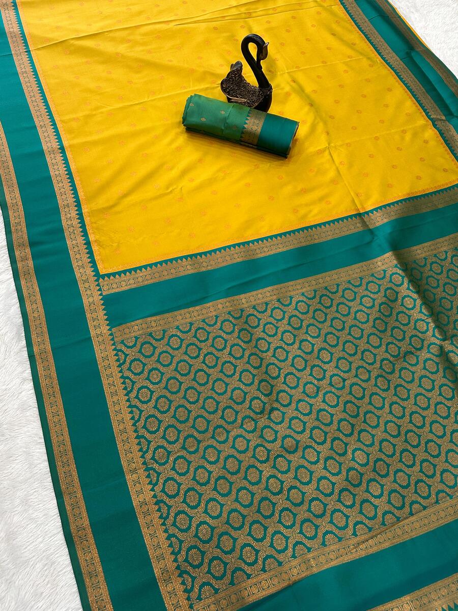 Prominent Mustard Soft Banarasi Silk Saree With Enthralling Blouse Piece