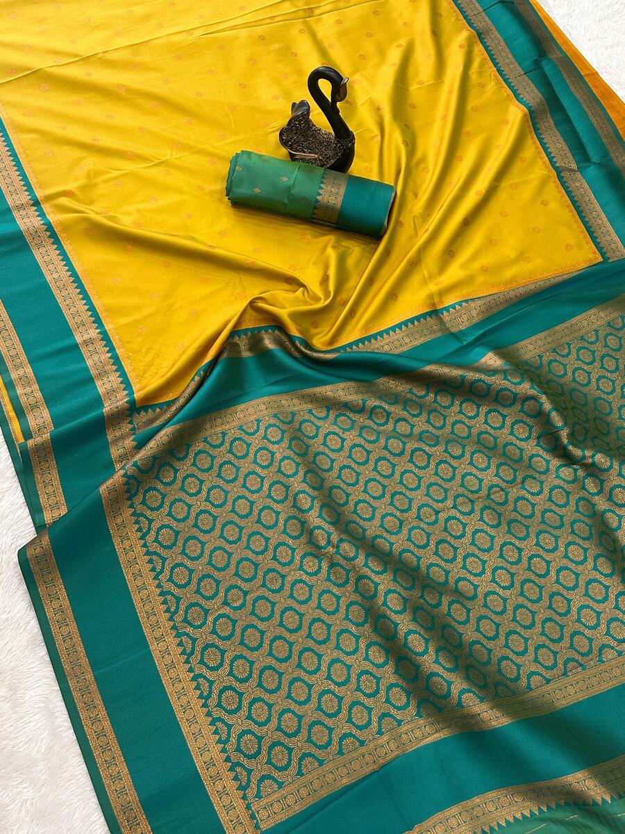 Prominent Mustard Soft Banarasi Silk Saree With Enthralling Blouse Piece