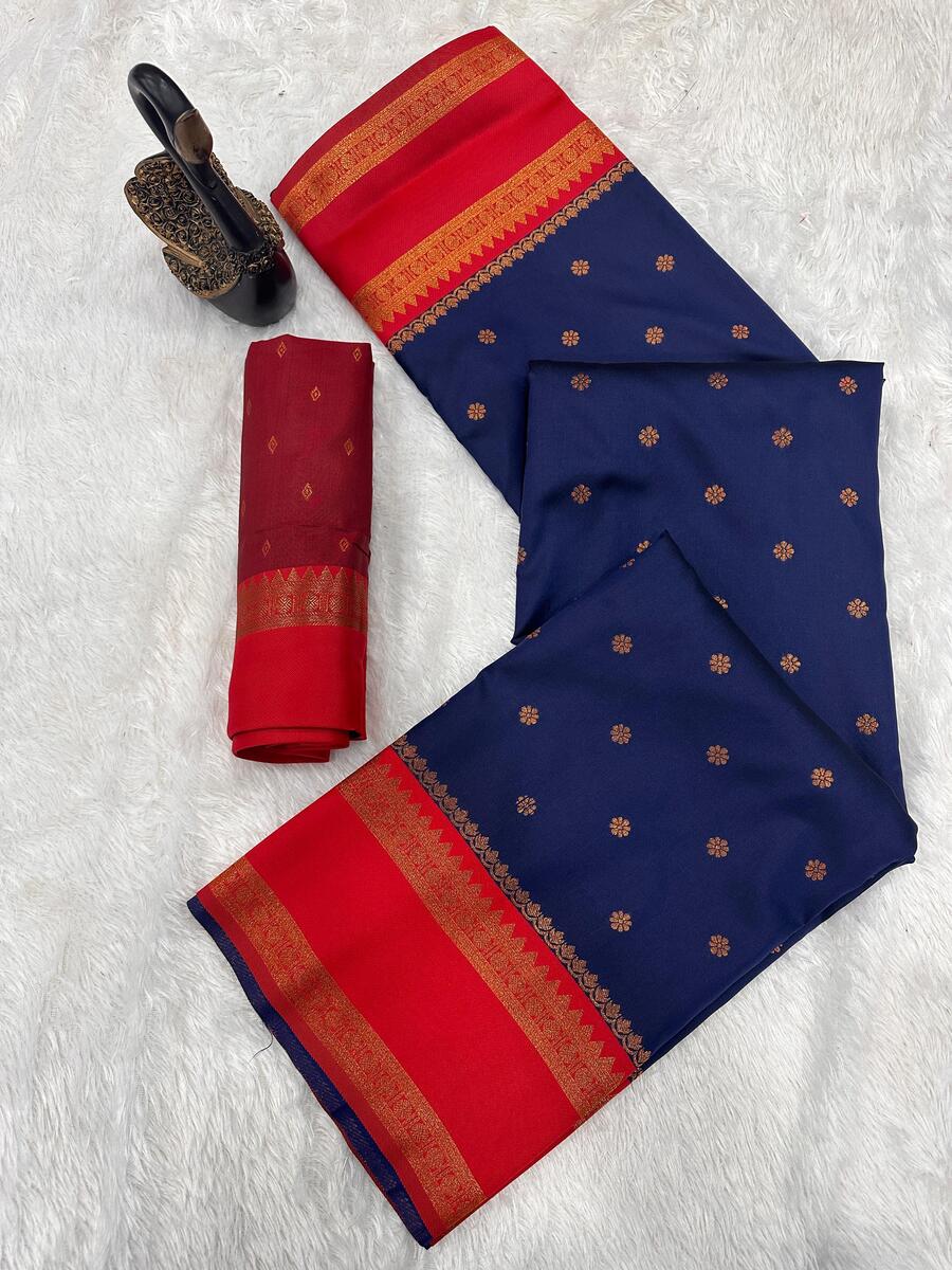 Majesty Navy Blue Soft Banarasi Silk Saree With Ideal Blouse Piece