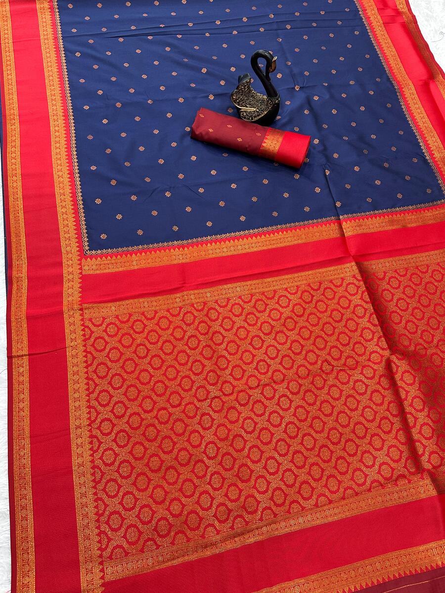Majesty Navy Blue Soft Banarasi Silk Saree With Ideal Blouse Piece