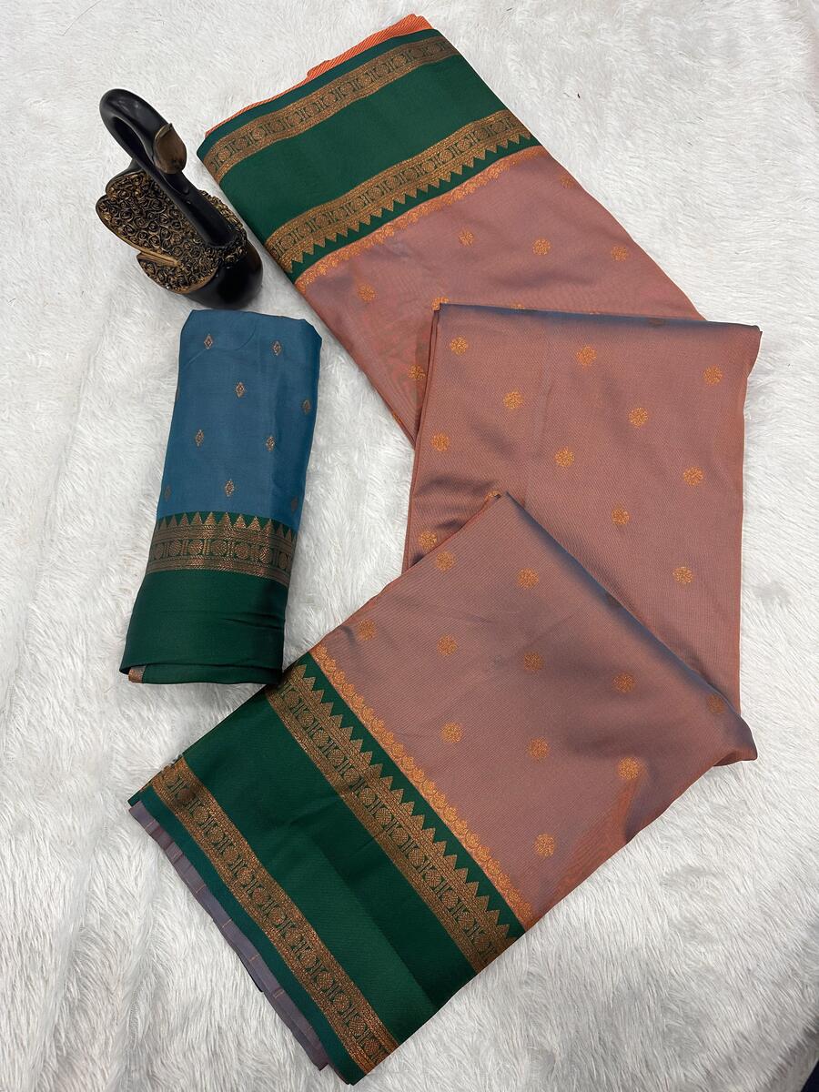 Embrocation Peach Soft Banarasi Silk Saree With Mellifluous Blouse Piece