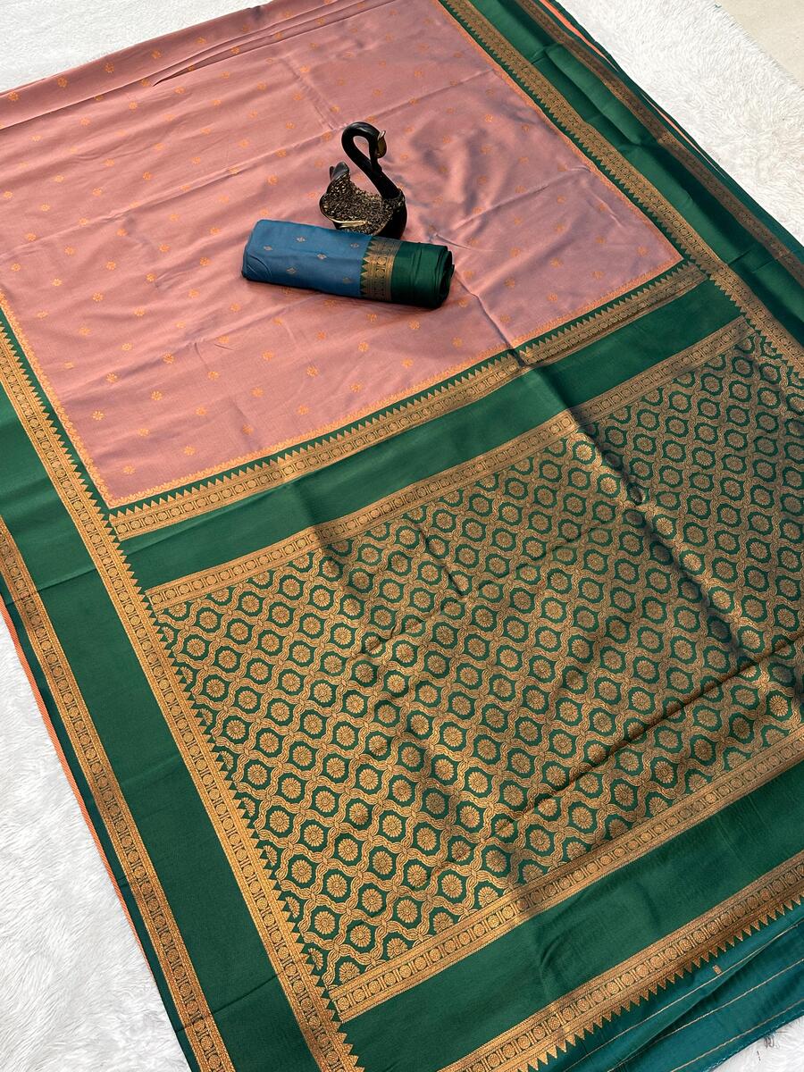 Embrocation Peach Soft Banarasi Silk Saree With Mellifluous Blouse Piece