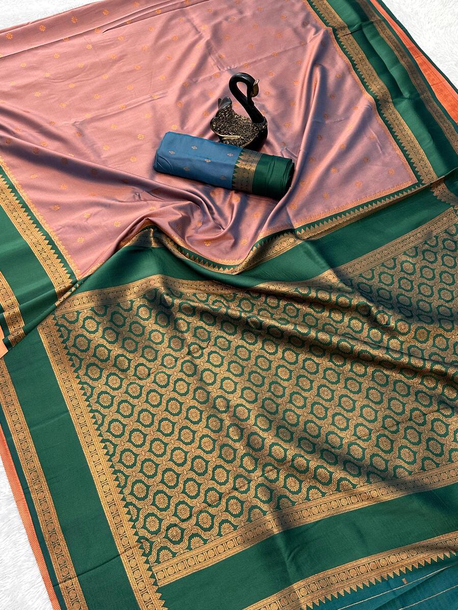Embrocation Peach Soft Banarasi Silk Saree With Mellifluous Blouse Piece