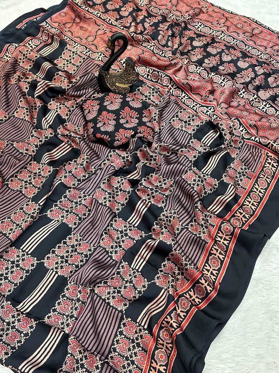 Ailurophile Black Ajrakh Printed Gajji Soft Silk Saree With Improbable Blouse Piece