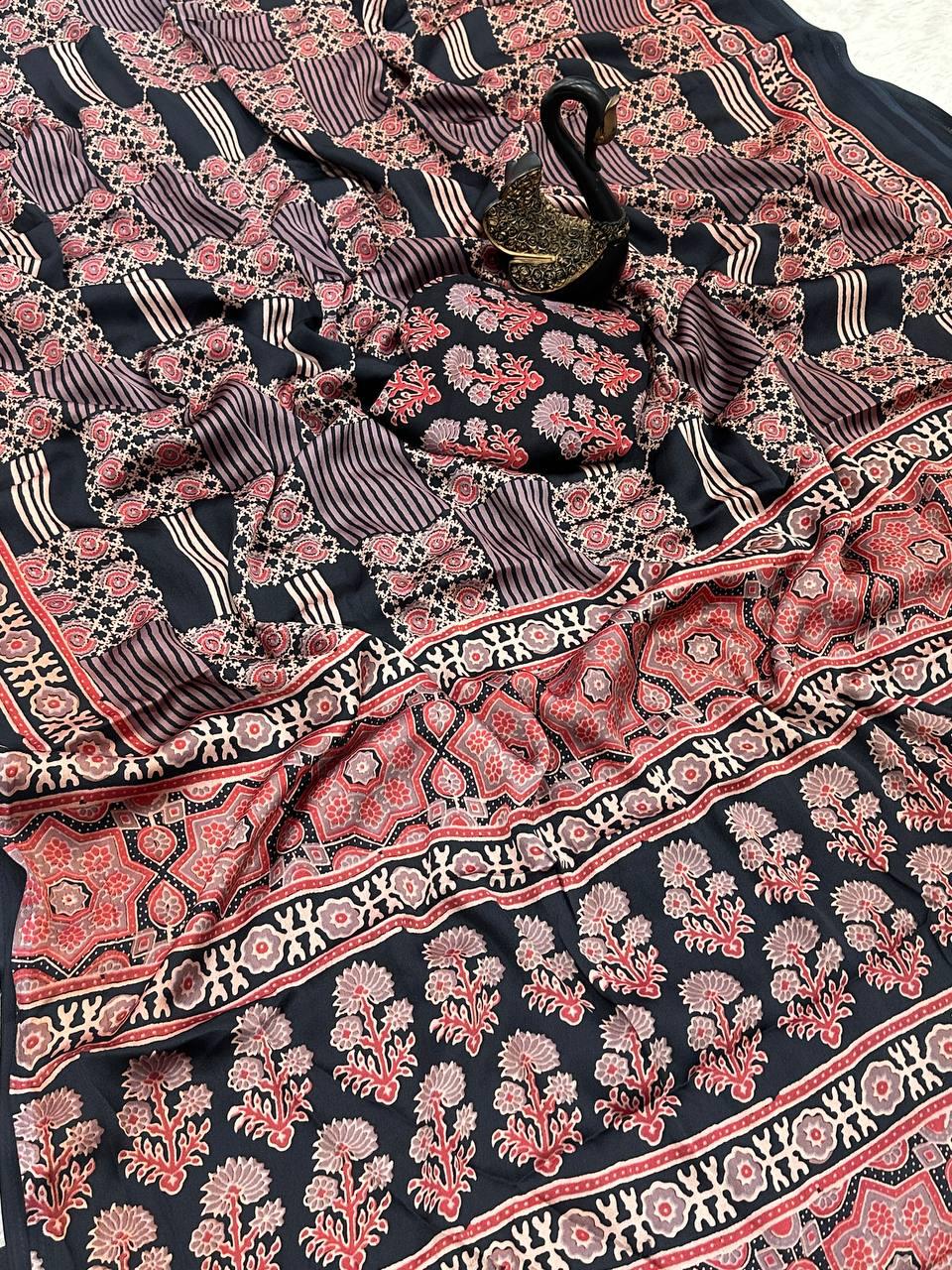 Ailurophile Black Ajrakh Printed Gajji Soft Silk Saree With Improbable Blouse Piece