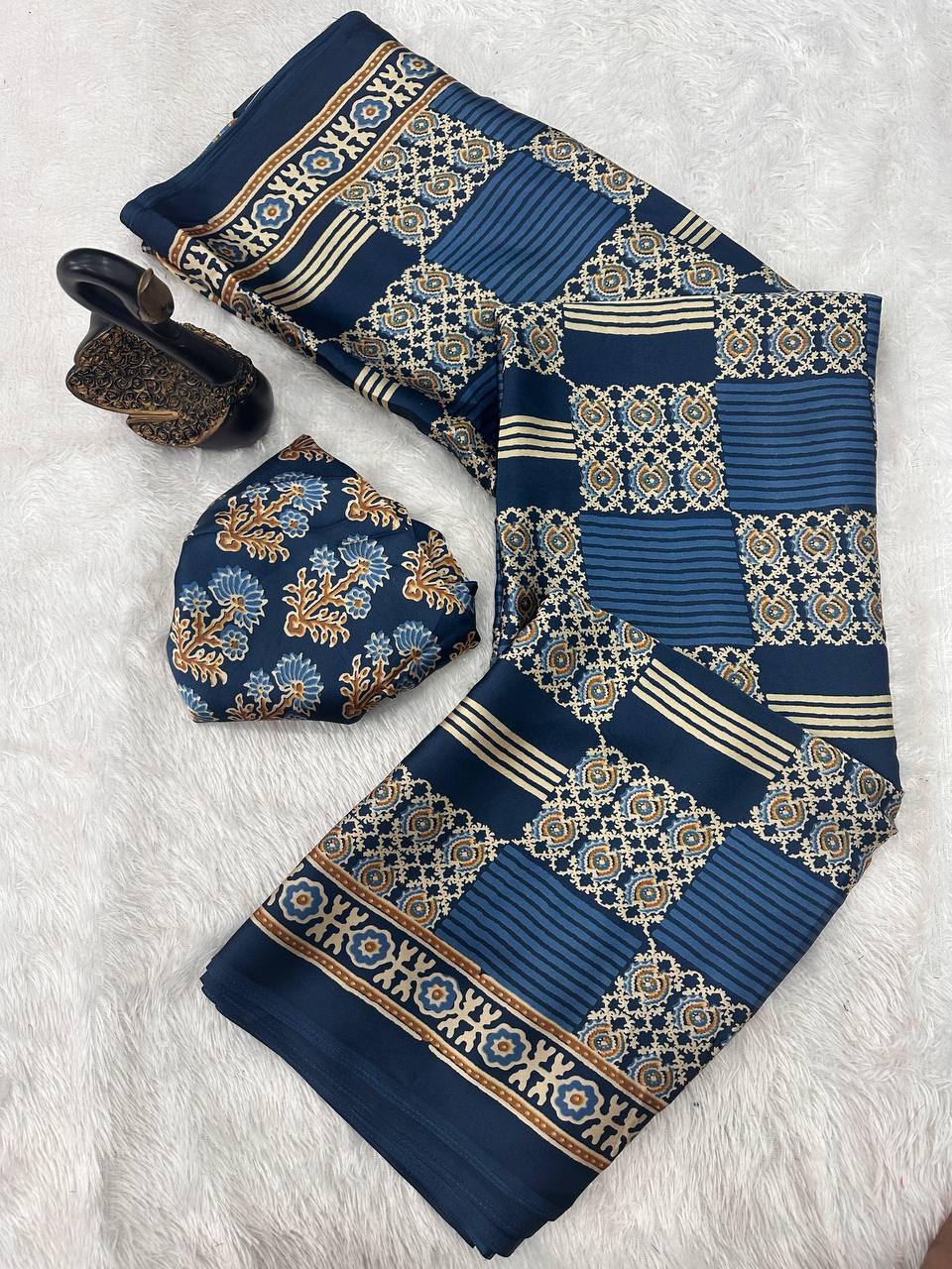 Admirable Blue Ajrakh Printed Gajji Soft Silk Saree With Snappy Blouse Piece