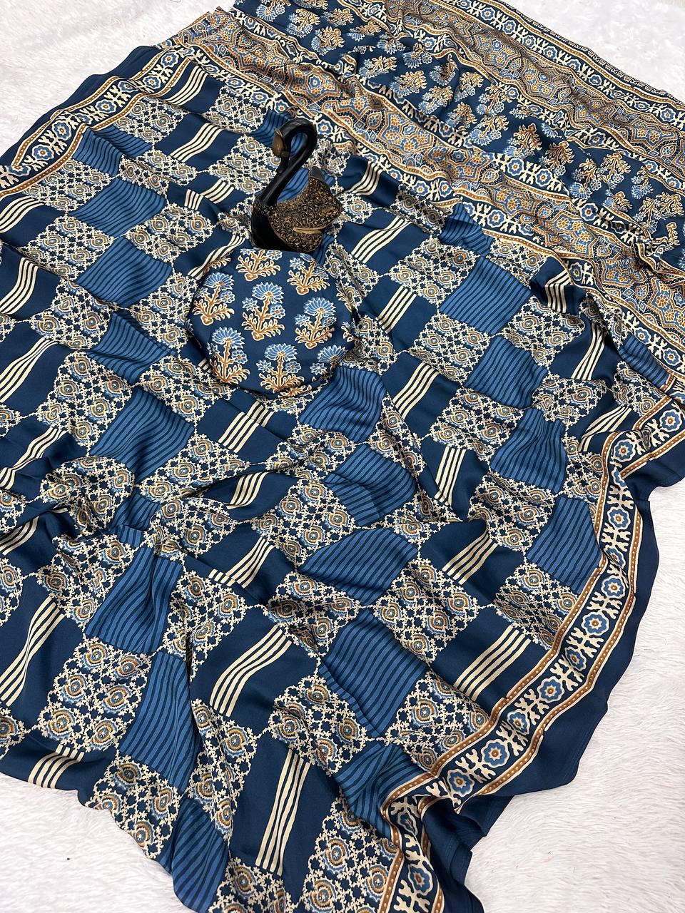 Admirable Blue Ajrakh Printed Gajji Soft Silk Saree With Snappy Blouse Piece