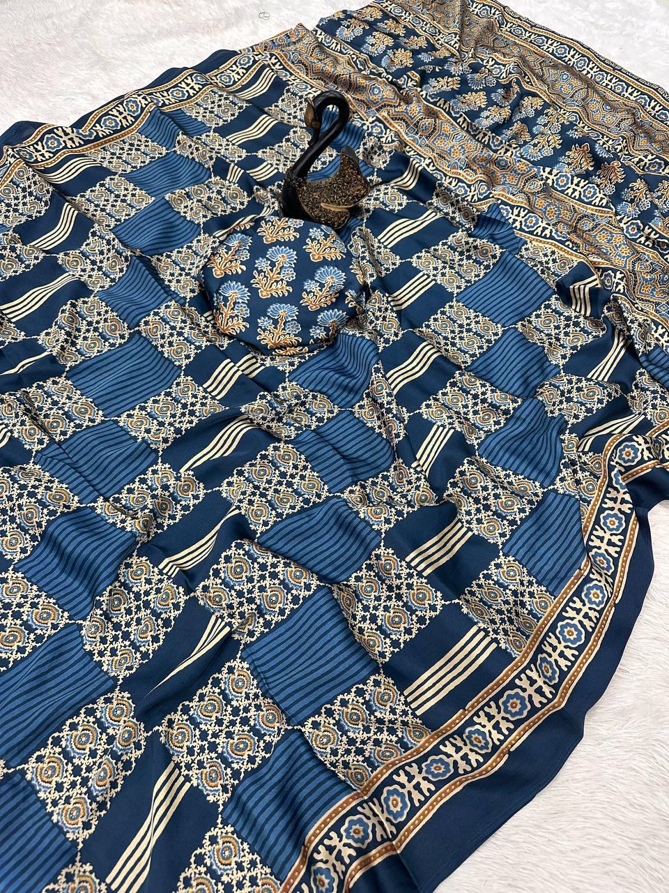 Admirable Blue Ajrakh Printed Gajji Soft Silk Saree With Snappy Blouse Piece