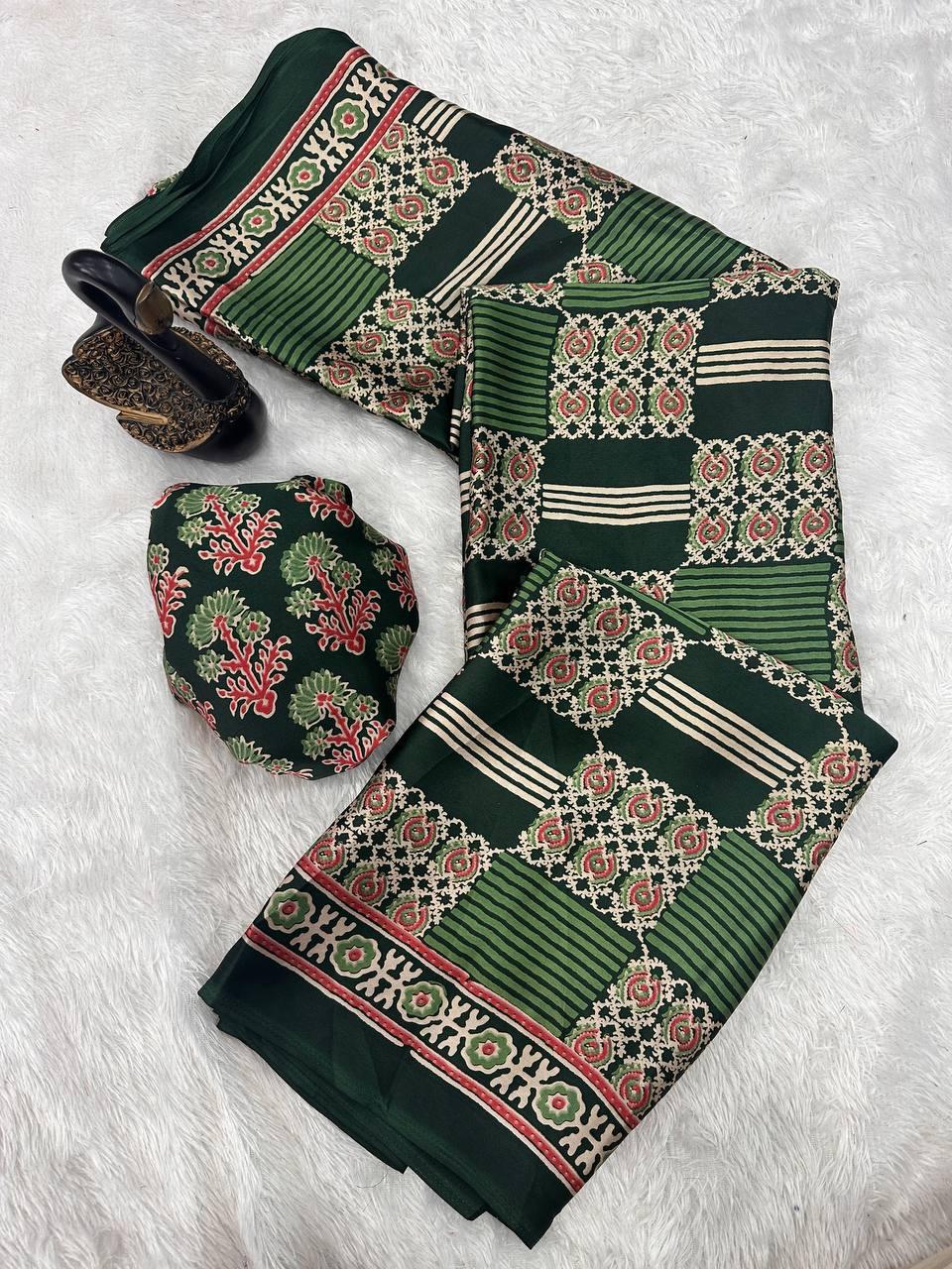 Resonant Dark Green Ajrakh Printed Gajji Soft Silk Saree With Ravishing Blouse Piece