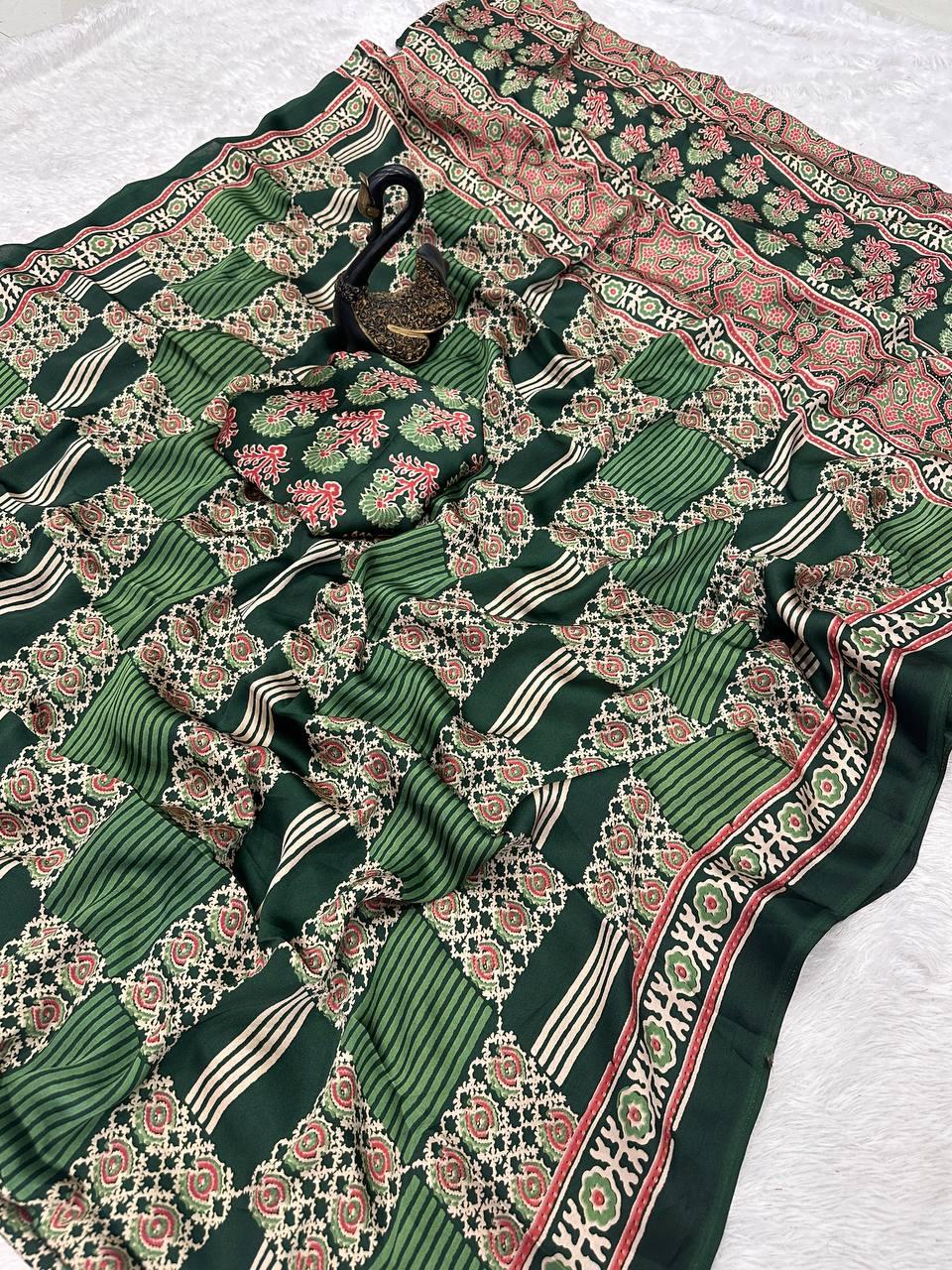 Resonant Dark Green Ajrakh Printed Gajji Soft Silk Saree With Ravishing Blouse Piece
