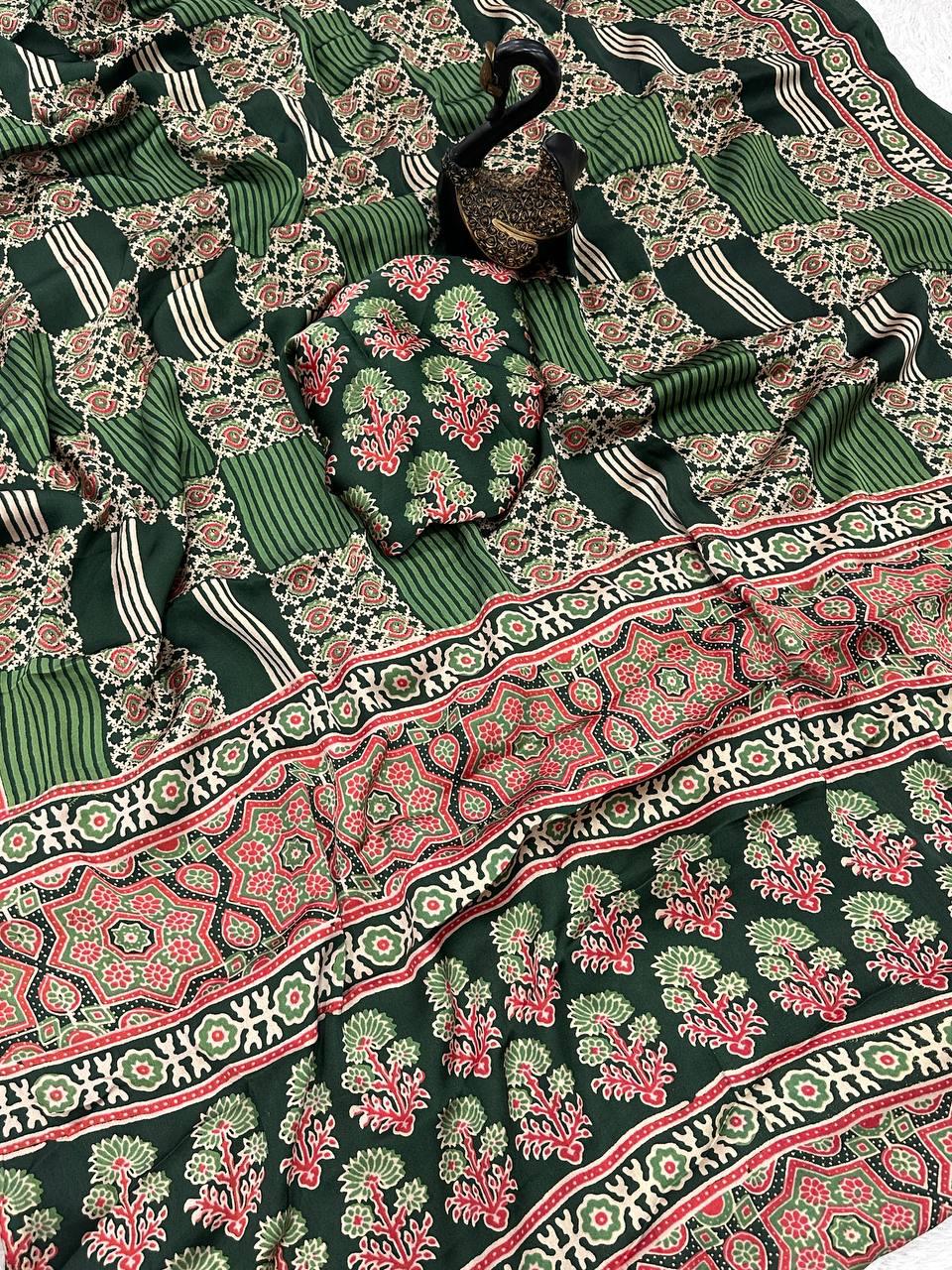 Resonant Dark Green Ajrakh Printed Gajji Soft Silk Saree With Ravishing Blouse Piece
