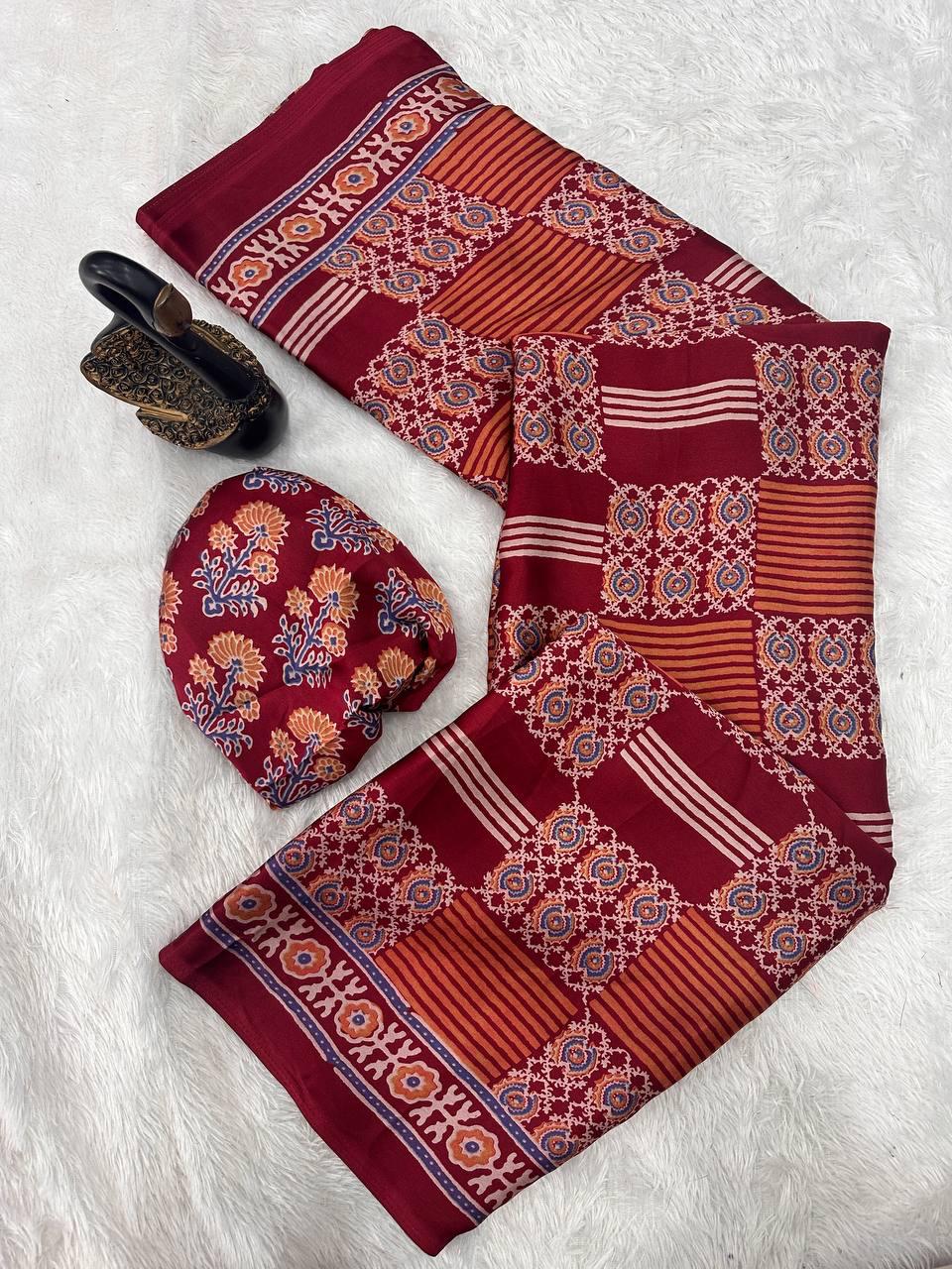 Zephyr Maroon Ajrakh Printed Gajji Soft Silk Saree With Scintilla Blouse Piece