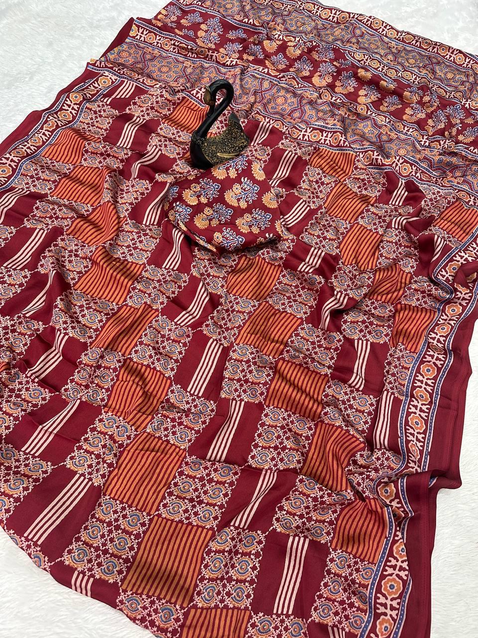 Zephyr Maroon Ajrakh Printed Gajji Soft Silk Saree With Scintilla Blouse Piece