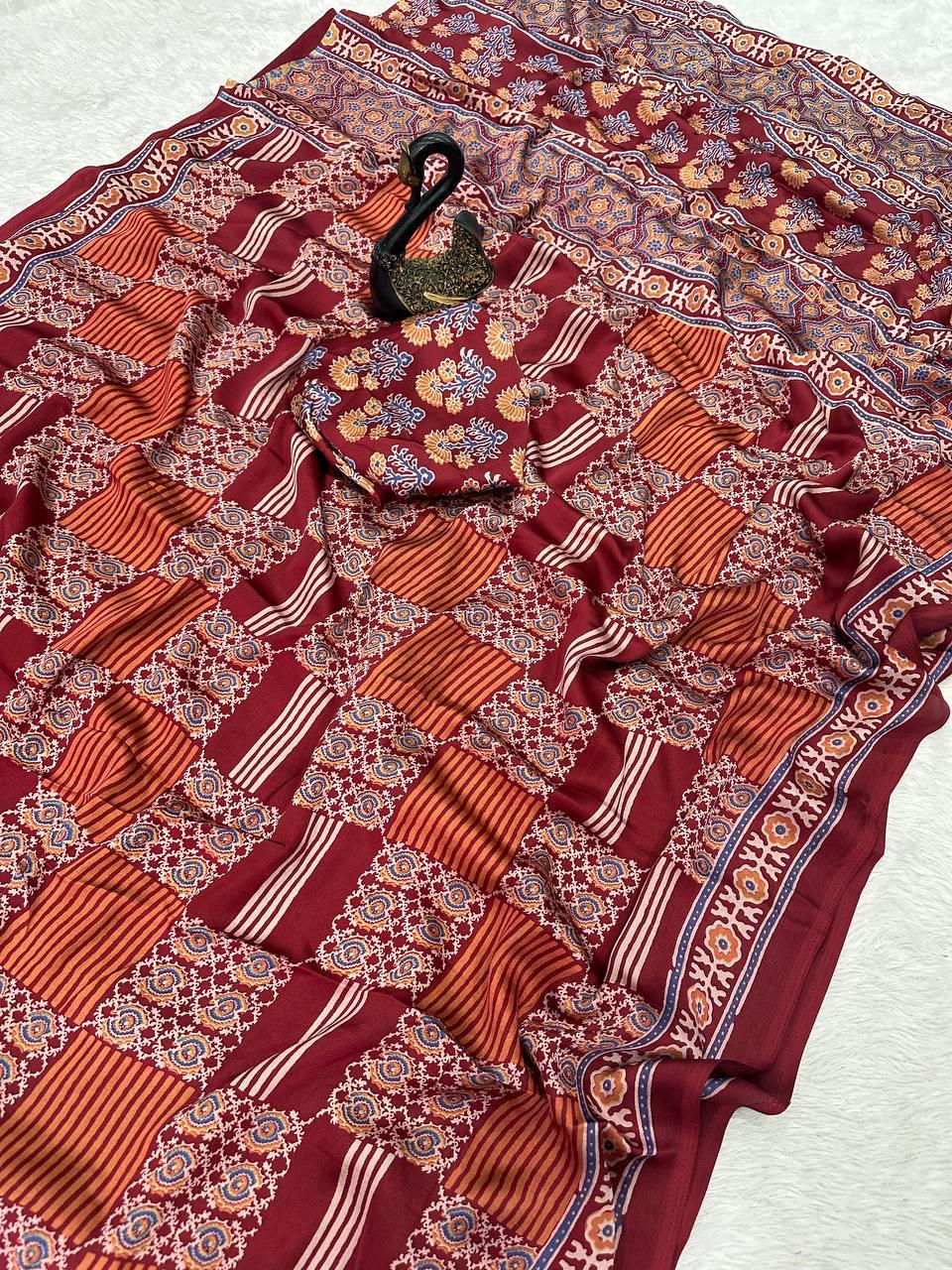 Zephyr Maroon Ajrakh Printed Gajji Soft Silk Saree With Scintilla Blouse Piece