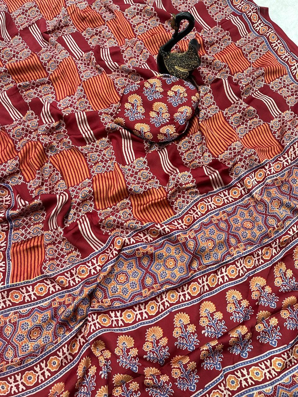 Zephyr Maroon Ajrakh Printed Gajji Soft Silk Saree With Scintilla Blouse Piece