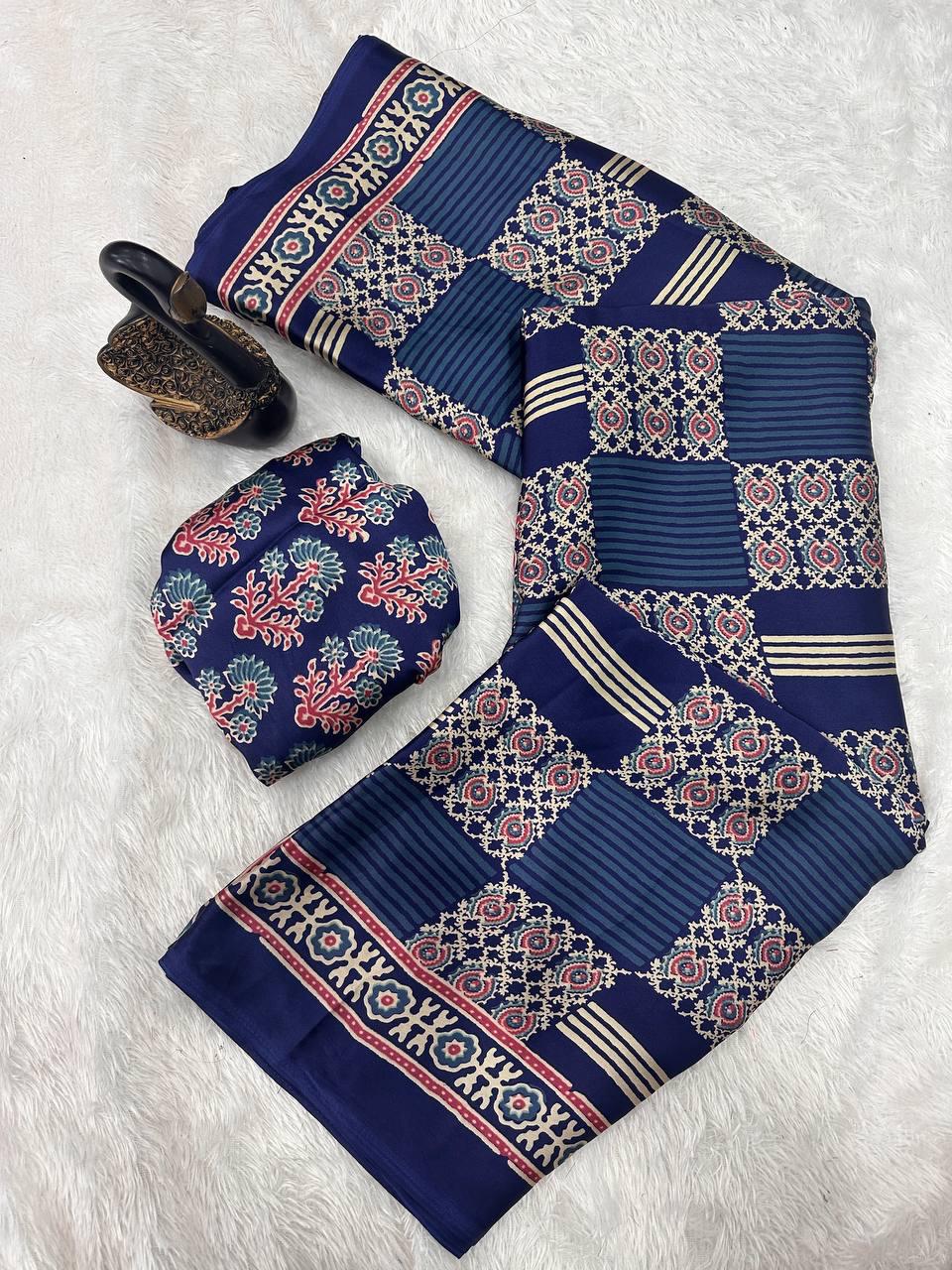 Nectarous Navy Blue Ajrakh Printed Gajji Soft Silk Saree With Unique Blouse Piece