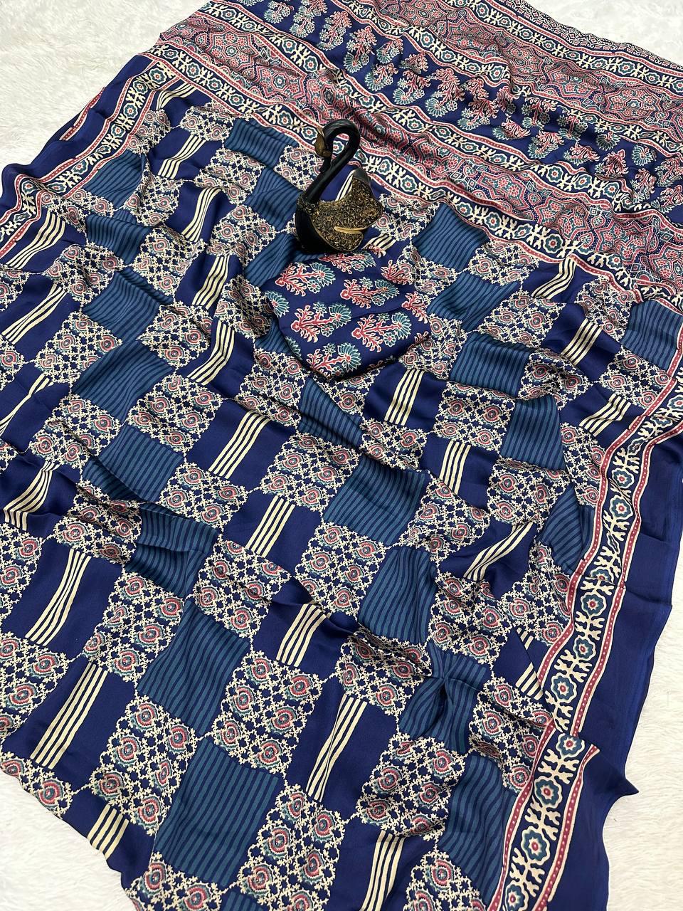 Nectarous Navy Blue Ajrakh Printed Gajji Soft Silk Saree With Unique Blouse Piece