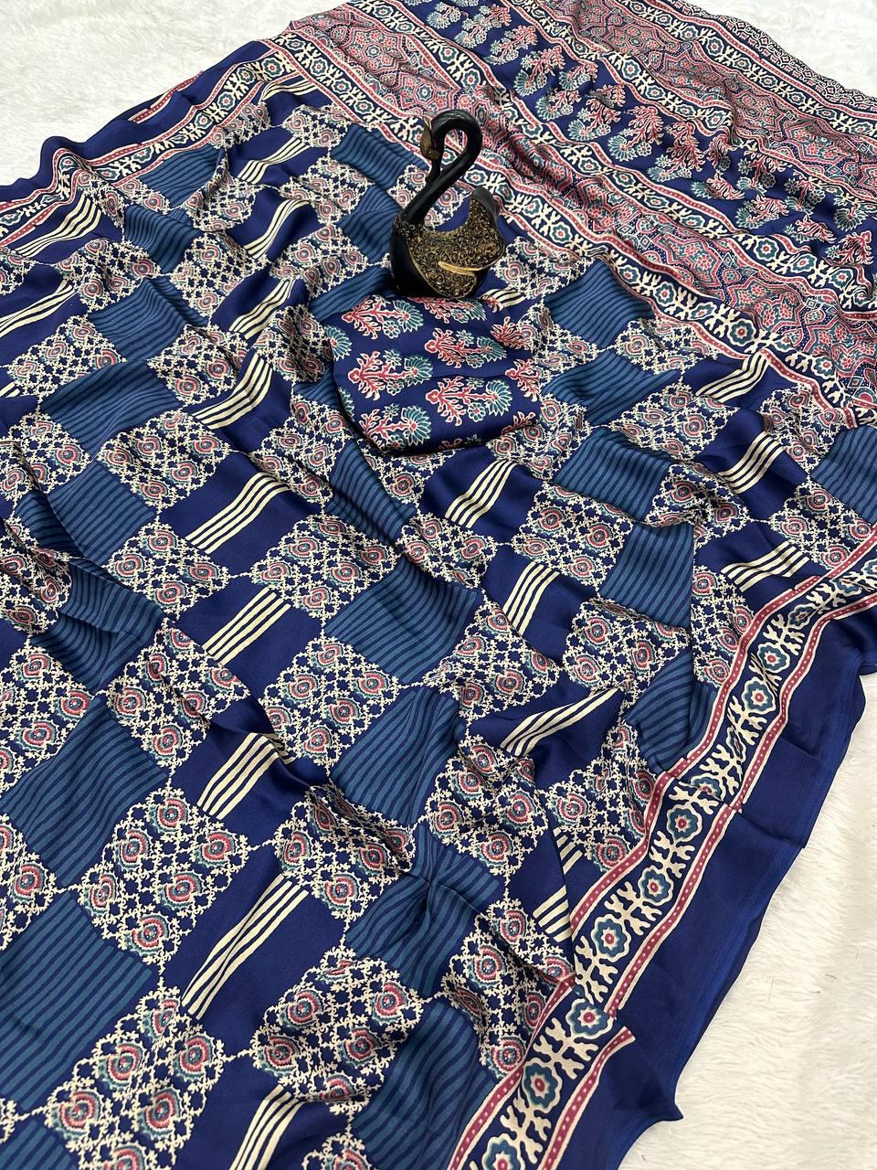 Nectarous Navy Blue Ajrakh Printed Gajji Soft Silk Saree With Unique Blouse Piece