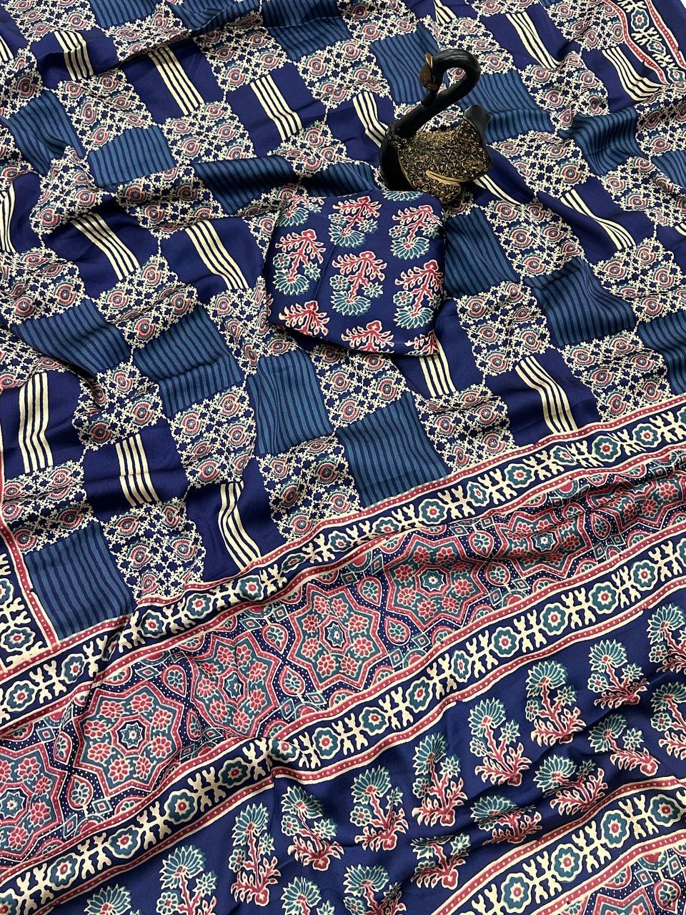Nectarous Navy Blue Ajrakh Printed Gajji Soft Silk Saree With Unique Blouse Piece