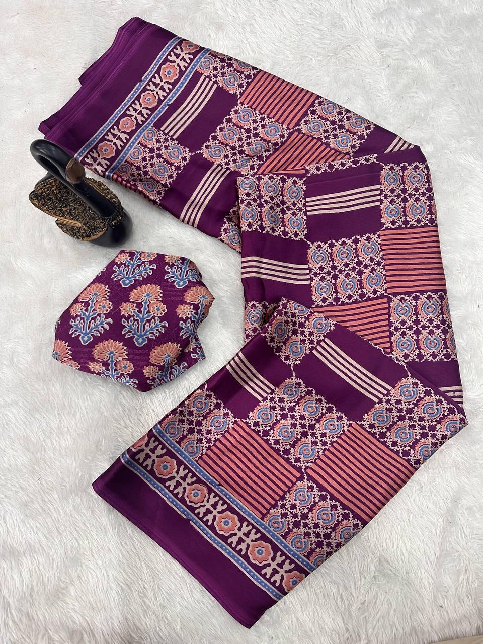 Ephemeral Purple Ajrakh Printed Gajji Soft Silk Saree With Fragrant Blouse Piece