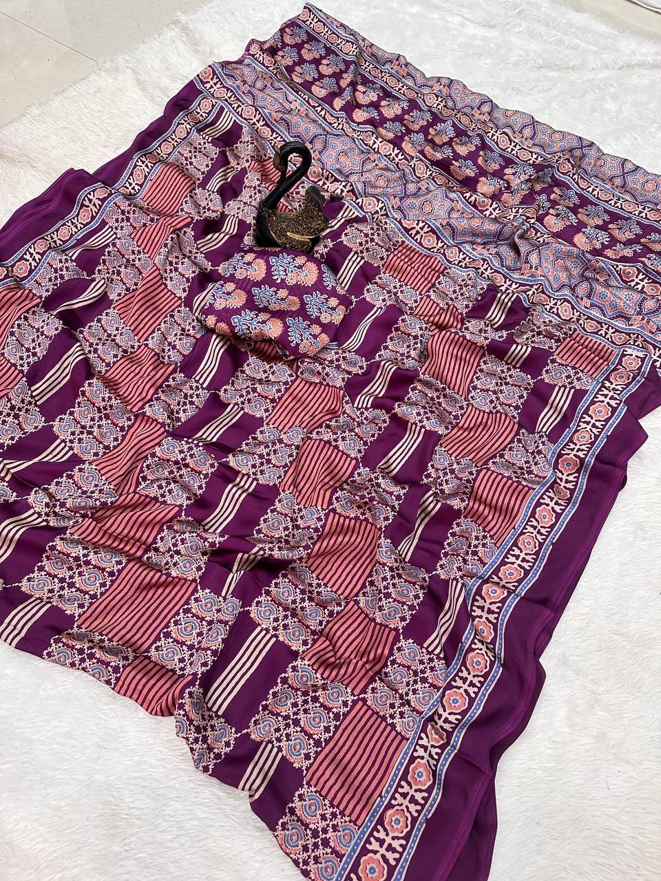 Ephemeral Purple Ajrakh Printed Gajji Soft Silk Saree With Fragrant Blouse Piece