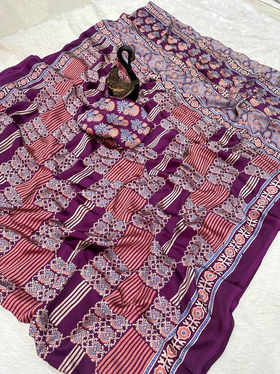 Ephemeral Purple Ajrakh Printed Gajji Soft Silk Saree With Fragrant Blouse Piece