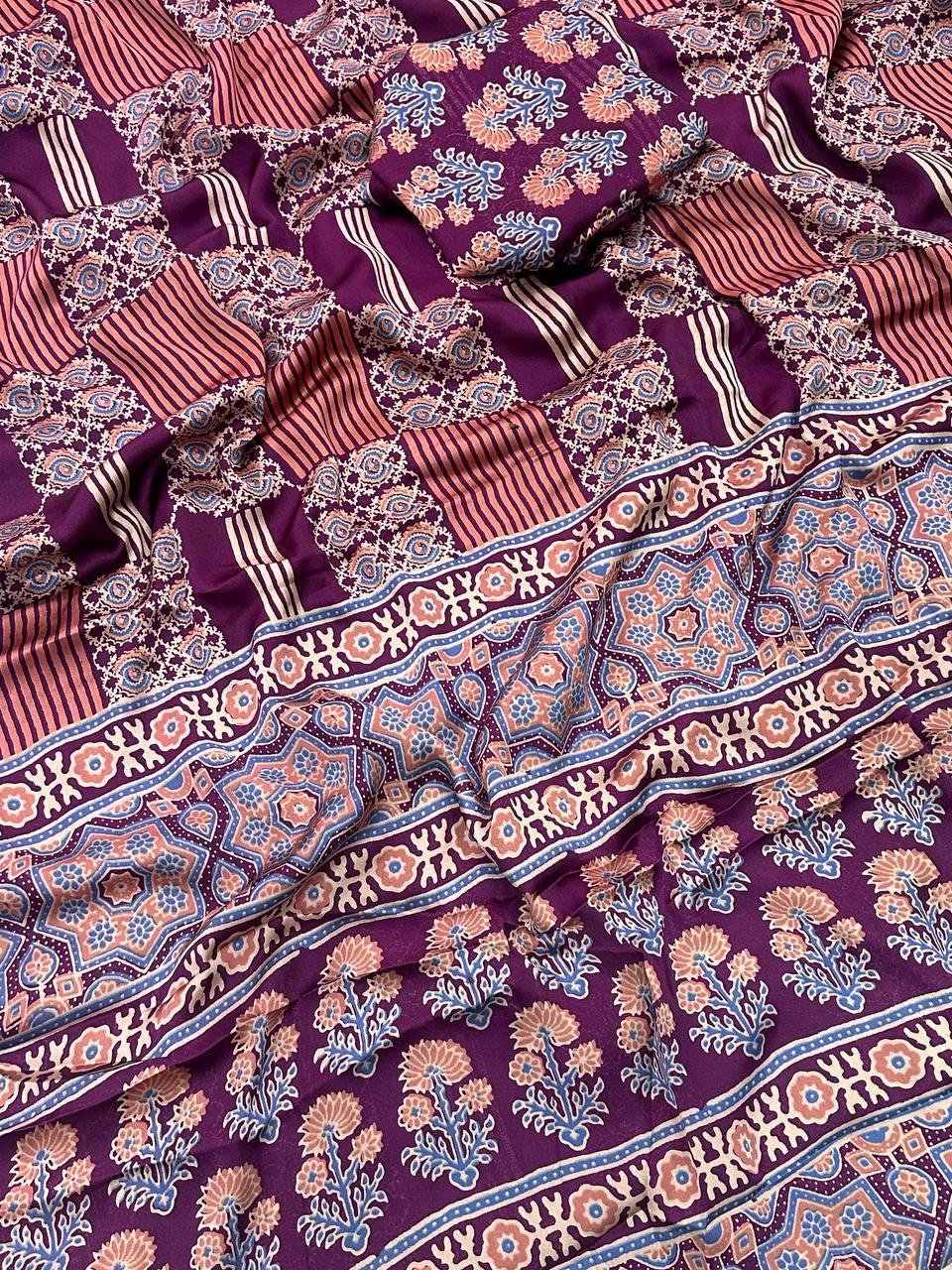 Ephemeral Purple Ajrakh Printed Gajji Soft Silk Saree With Fragrant Blouse Piece