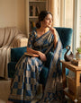 Quintessential Rama Ajrakh Printed Dola Silk Saree With Adorning Blouse Piece