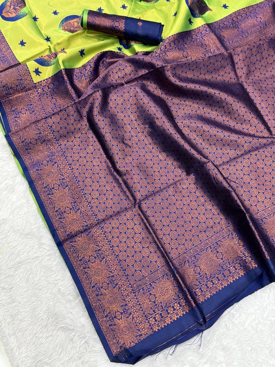 Elaborate Parrot Soft Silk Saree With Epiphany Blouse Piece
