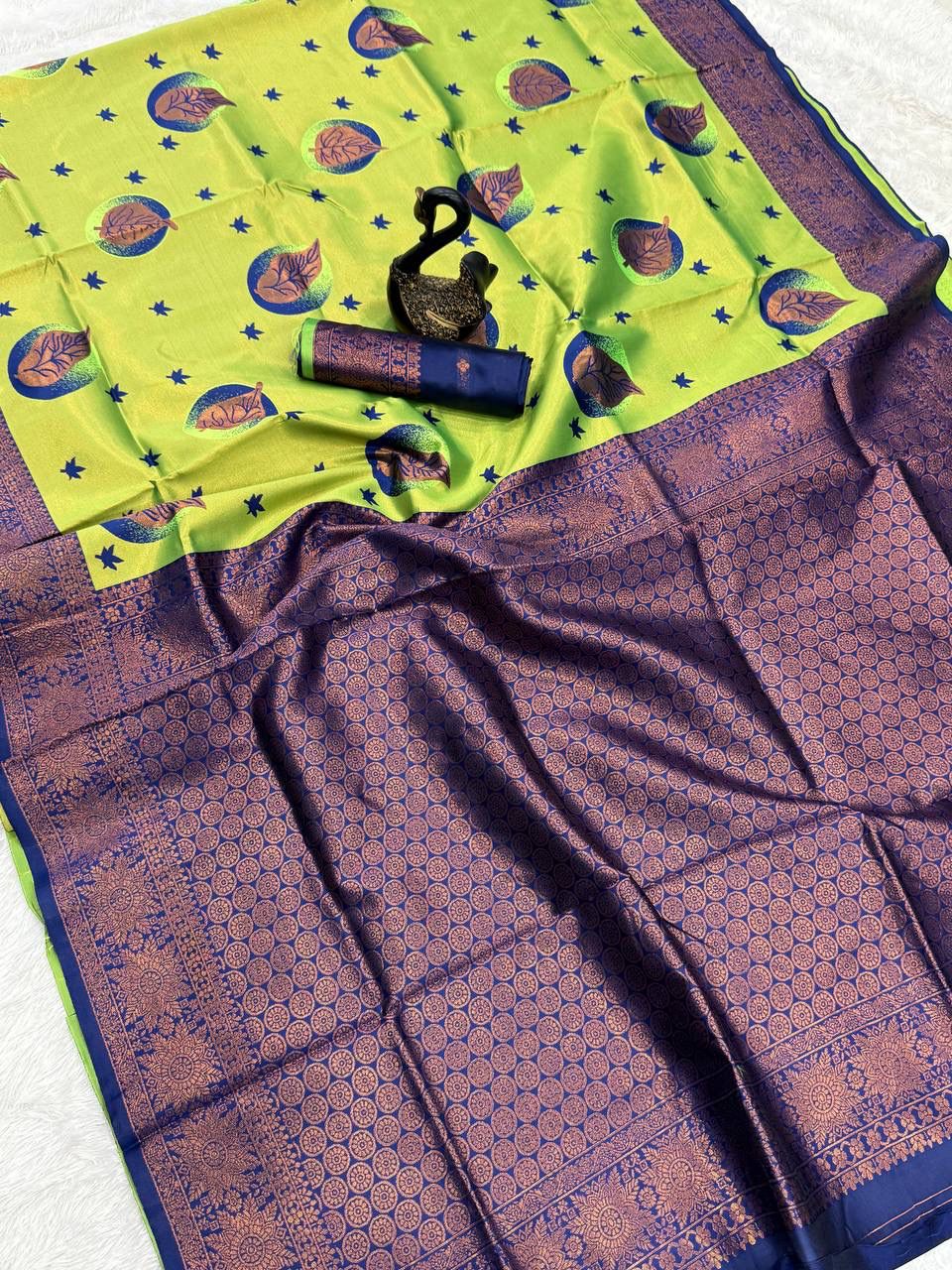 Elaborate Parrot Soft Silk Saree With Epiphany Blouse Piece