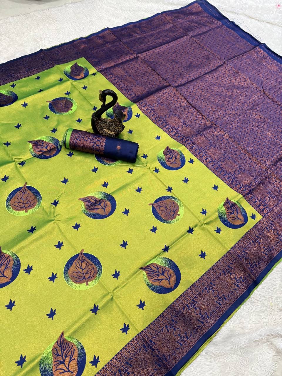 Elaborate Parrot Soft Silk Saree With Epiphany Blouse Piece