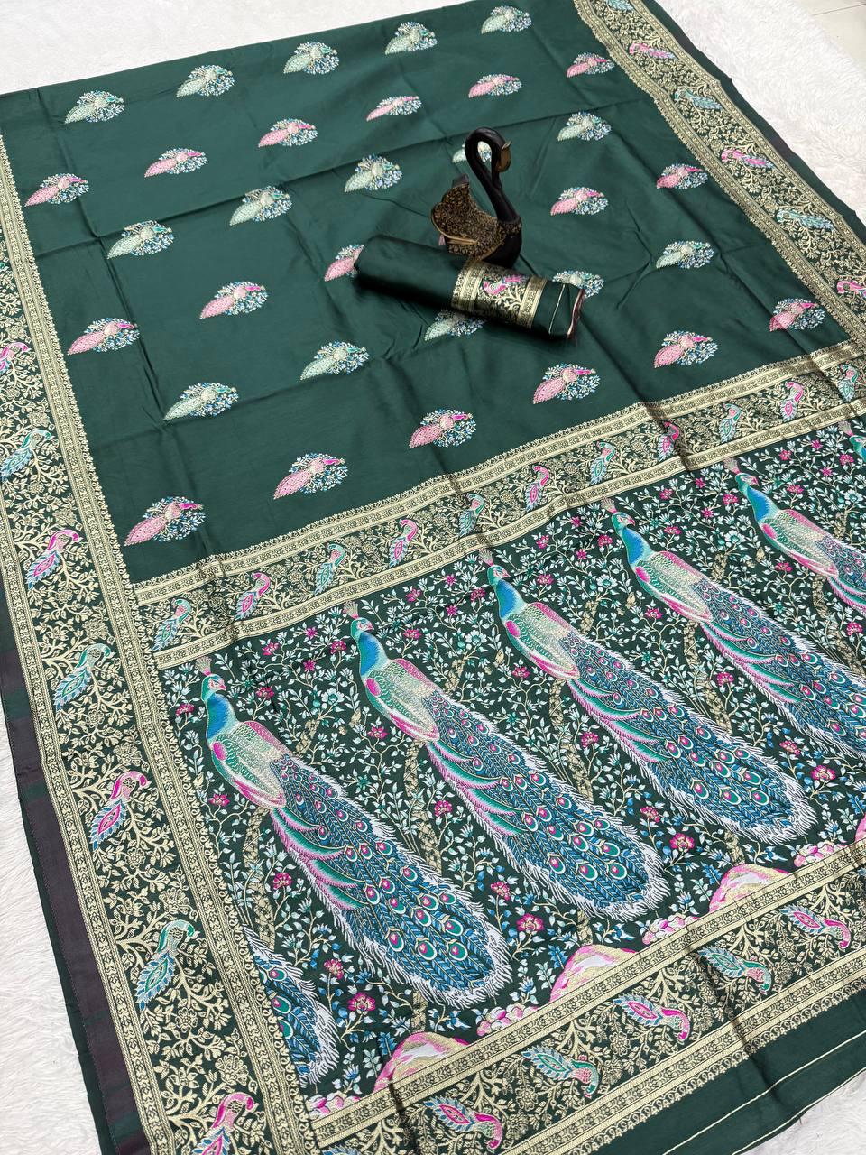 Fugacious Dark Green Blue Soft Banarasi Silk Saree With Smart Blouse Piece