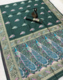 Fugacious Dark Green Blue Soft Banarasi Silk Saree With Smart Blouse Piece