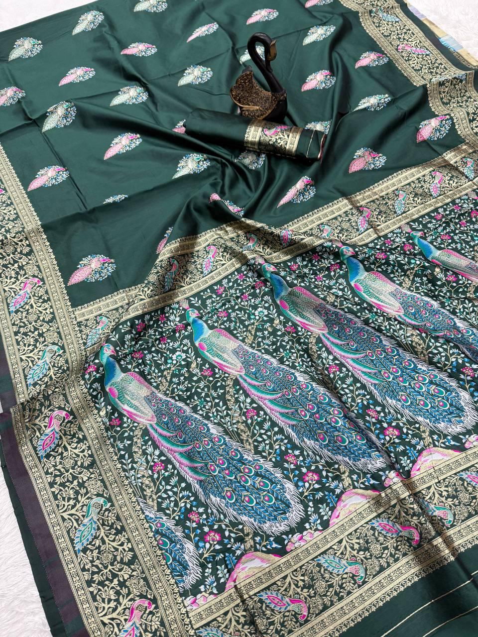 Fugacious Dark Green Blue Soft Banarasi Silk Saree With Smart Blouse Piece