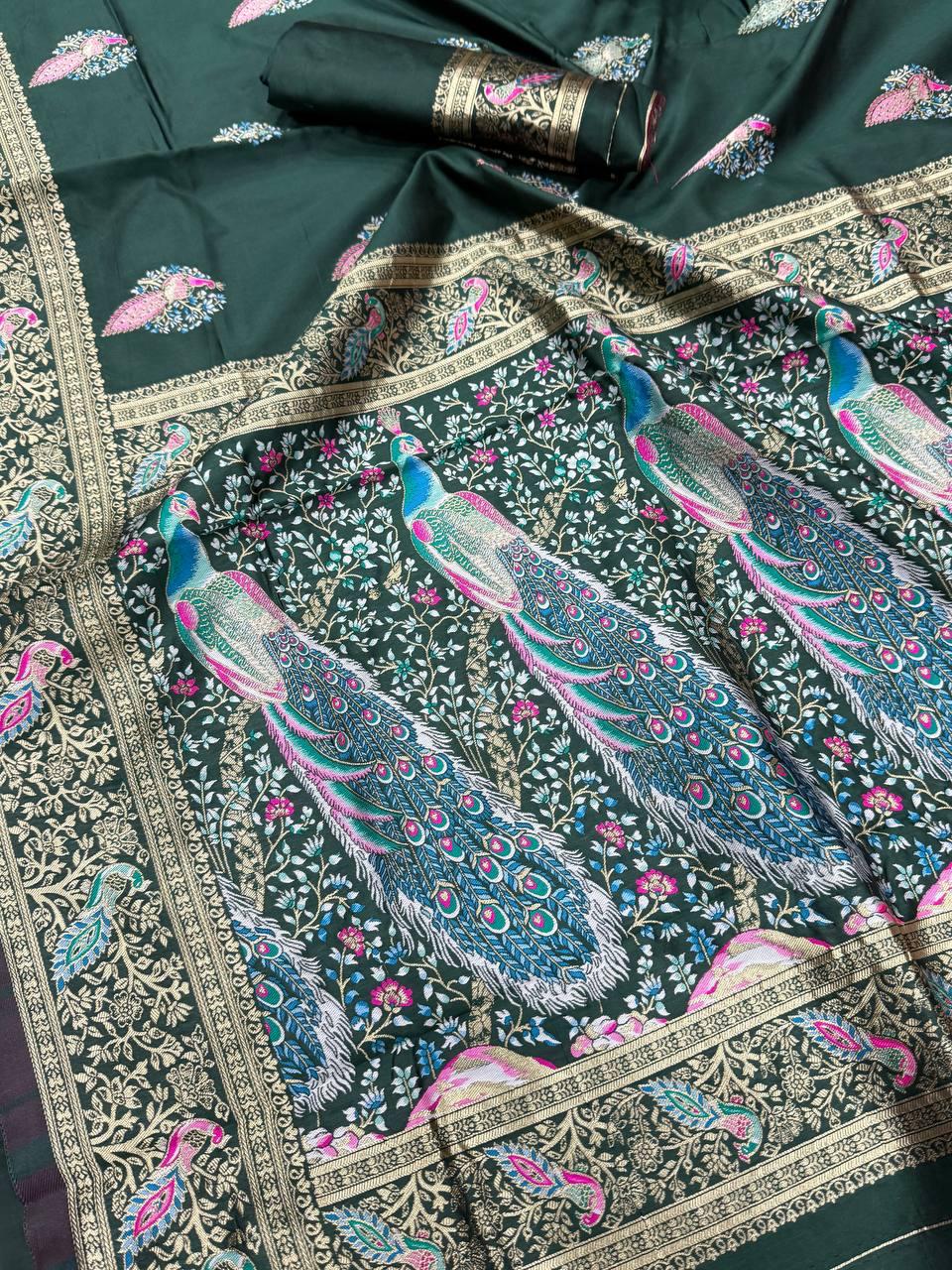 Fugacious Dark Green Blue Soft Banarasi Silk Saree With Smart Blouse Piece