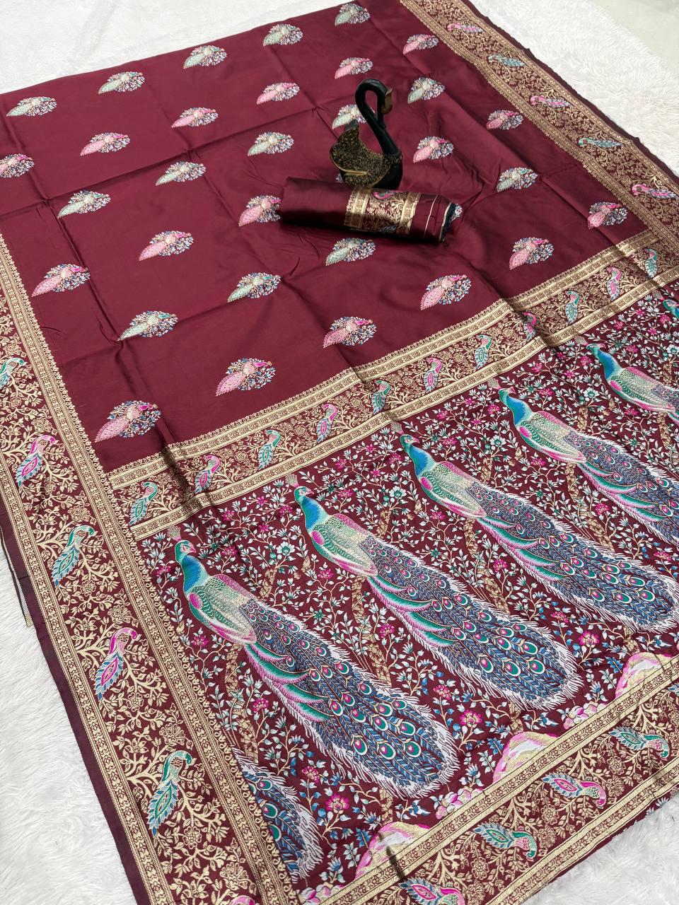 Most Stunning Maroon Soft Banarasi Silk Saree With Stylish Blouse Piece